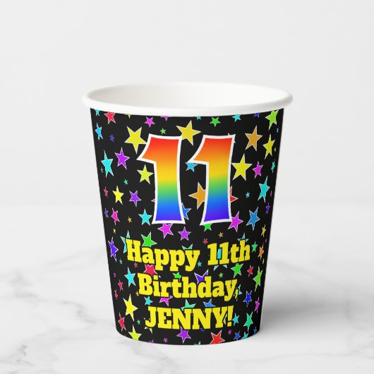 11e verjaardag: Fun Stars Pattern en Rainbow 11 Papieren Bekers (Achterkant)
