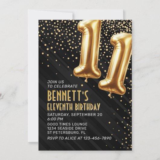 11e verjaardag Gold Black Invitation Kaart (Voorkant)