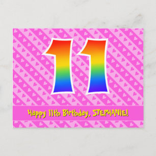 11e verjaardag: Pink Stripes & Hearts, Rainbow 11 Briefkaart