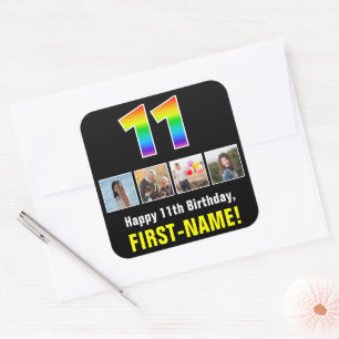 11e verjaardag: Regenboog "11"; Aangepaste foto's  Vierkante Sticker