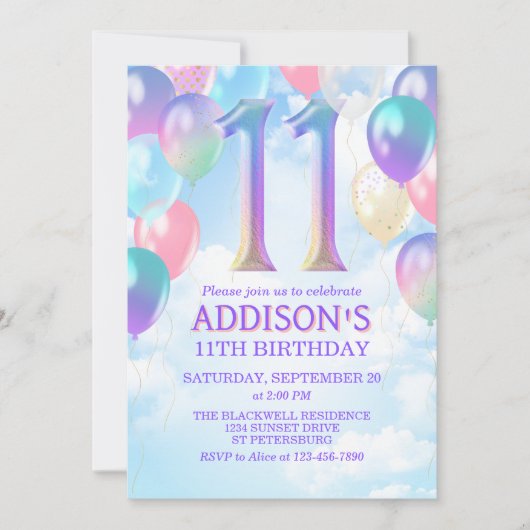 11e verjaardag regenboog ballonnen uitnodiging (Voorkant)