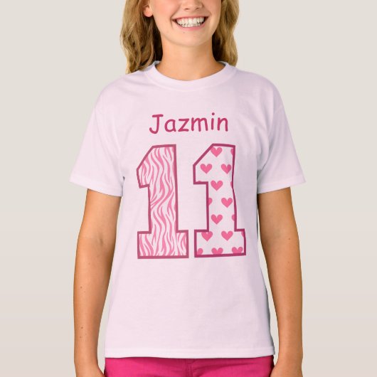 11e verjaardag Roze Zebra Aangepaste naam V025B T-shirt (Voorkant)