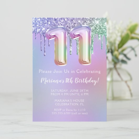 11e verjaardag Uitnodiging Paarse roze glitter (Staand voorkant)