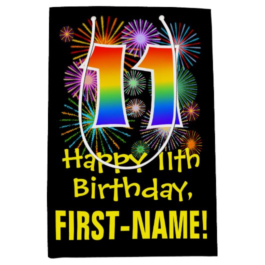 11e verjaardag: Vuurwerk Fun Pattern + Regenboog 1 Medium Cadeauzakje (Voorkant)