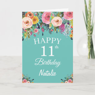 11e verjaardag waterverf bloem bloemen turquoise kaart