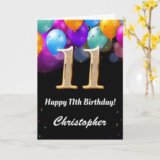 11e verjaardag zwarte en goudkleurige ballonnen kaart (Gele Bloem)