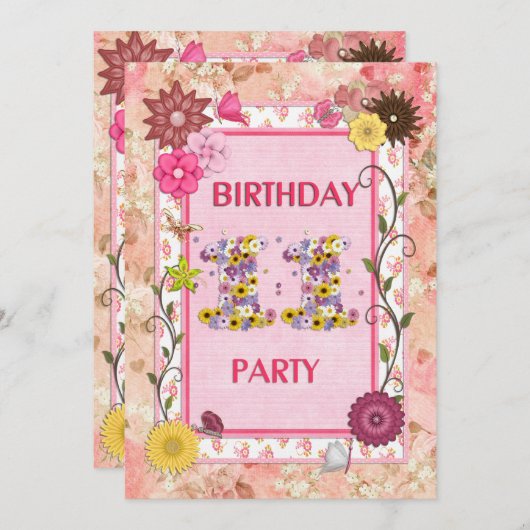 11e verjaardagsfeestje met bloemenfeest lijst kaart (Voorkant / Achterkant)