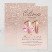 11th Birthday Chic Rose Pink Gold  Bow Birthday Kaart (Voorkant / Achterkant)