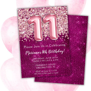 11th Birthday Invitation Girl Magenta Pink Glitter Kaart