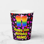 11th Birthday: Loving Hearts Pattern, Rainbow 11 Papieren Bekers (Voorkant)