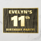 11th Birthday Party: Bold, Faux Wood Grain Pattern Folie Uitnodiging (Voorkant)