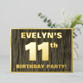 11th Birthday Party: Bold, Faux Wood Grain Pattern Folie Uitnodiging (Staand Voorkant)