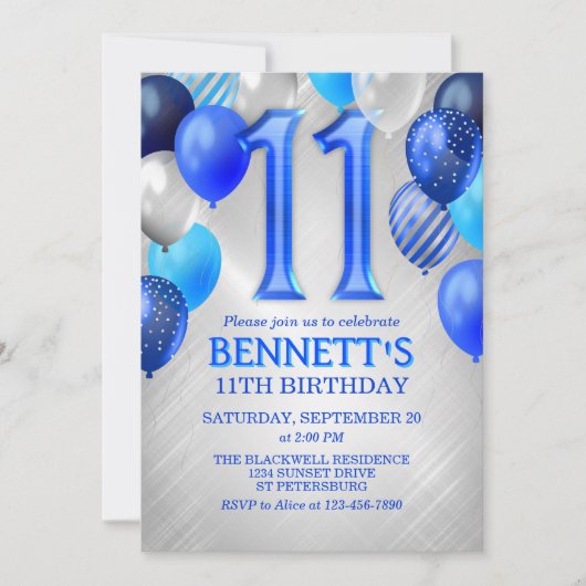 11th Boys Blue Birthday Invitation (Devant)