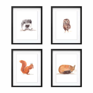 11x14 Aquarelle de bois mignonneAnimaux de forêt