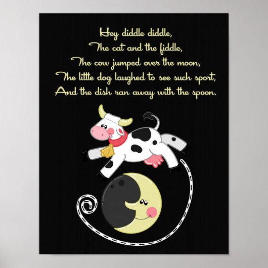 11x14 Hey Diddle Diddle Rhyme Kinder Room Wall Art Poster (Voorkant)