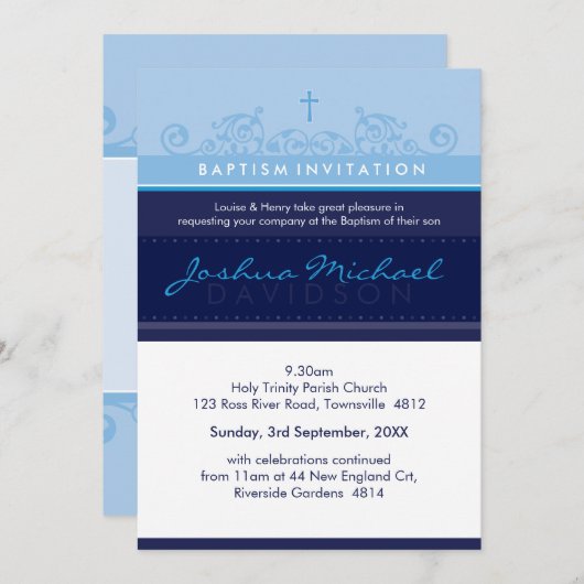 125 suzi CUSTOM BAPTISM INVITATION élégant bleu ma (Devant / Derrière)