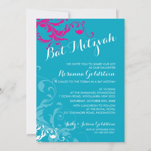 128-marnie BAT MITZVAH bloeit turquoise roze Kaart (Voorkant)