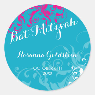 128-marnie BAT MITZVAH bloeit turquoise roze Ronde Sticker