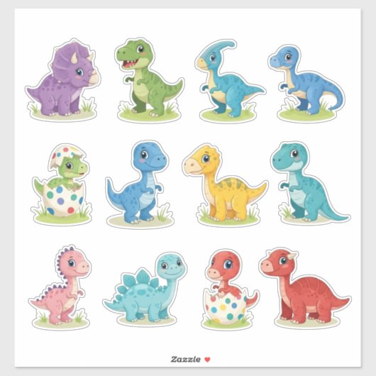12 Cute Colorful Dino Vinyl Stickers (Feuille)
