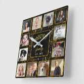 12 Familie Foto Collage Black Gold Marble Aangepas Vierkante Klok (Hoek)