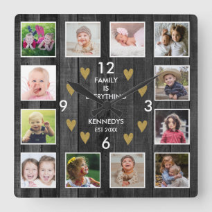 12 Familie Foto Collage Pallet Wood Black Gold Vierkante Klok