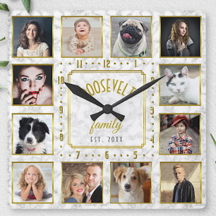 12 Familie Foto Collage White Gold Marble - Aangep Vierkante Klok