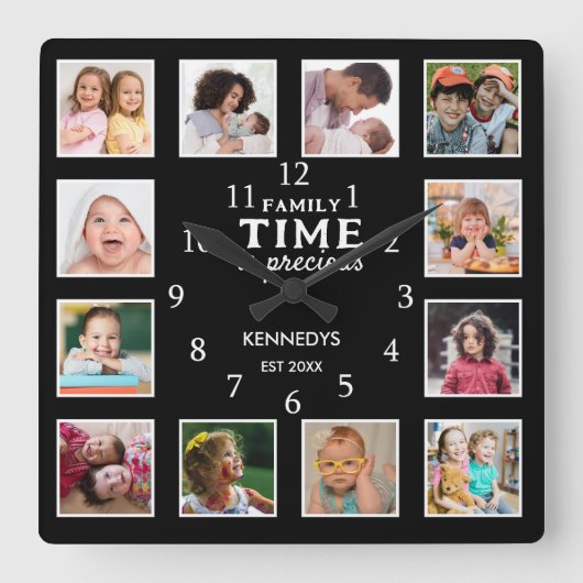 12 Foto Collage Afbeelding Lijst Familie Quote Zwa Vierkante Klok (Voorkant)