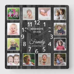12 Foto Collage Familienaam Quote Black Wood Vierkante Klok