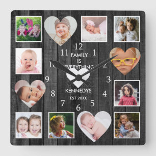 12 Foto Collage Family Quote Heart Black Wood Vierkante Klok