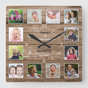 12 Foto Collage Family Quote Reclached Wood Vierkante Klok