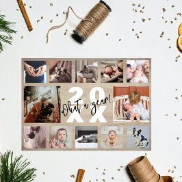 12 Foto Collage Jaaroverzicht Rustic Grenen Hout Feestdagenkaart
