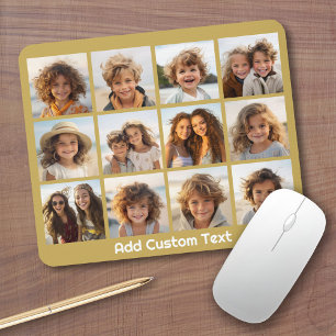 12 foto collage met gouden achtergrond muismat