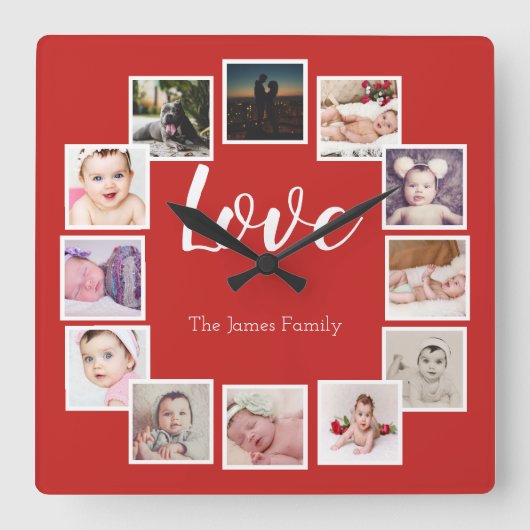 12 Foto Collage Persoonlijk Rood Vierkante Klok (Voorkant)