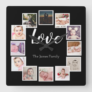 12 Foto Collage Persoonlijke LOVE Familie Vierkante Klok
