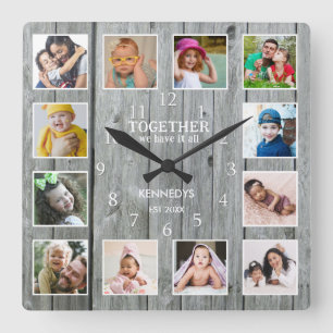 12 Foto Collage Samen Familie Citaat Gray Wood Vierkante Klok