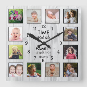 12 Foto collage tijd met familie citaat wit hout Vierkante Klok