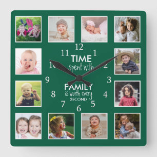 12 foto collage Tijd met familie Quote Groen Vierkante Klok