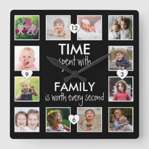 12 foto collage Tijd Met Familie Quote Zwart Vierkante Klok
