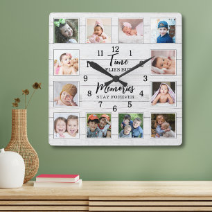 12 Foto Collage Time Herinneringen Quote Wit Hout Vierkante Klok