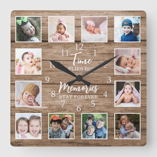 12 Foto Collage Time Memories Quote Rustic Wood Vierkante Klok (Voorkant)