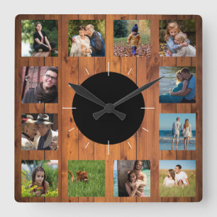 12 Foto Instagram Family Collage Faux Cherry Wood Vierkante Klok