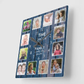 12 foto tijd doorgebracht met familie citaat blauw vierkante klok (Hoek)