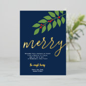 12 Fotocollage - Merry Script - Navy Botanical Folie Feestdagenkaart (Staand Voorkant)