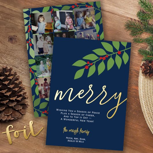12 Fotocollage - Merry Script - Navy Botanical Folie Feestdagenkaart