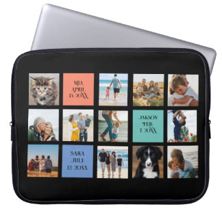 12 foto's, 3 kleurblokken met tekst op zwart laptop sleeve