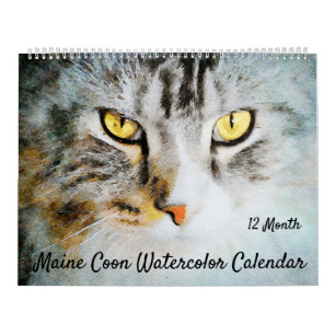 12 maanden Cute Maine Coon Cats Waterverf Painting Kalender