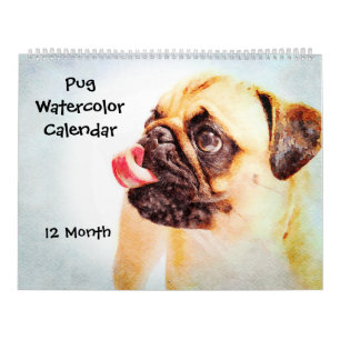 12-maands Cute Pug-Waterverf voor gezelschapsdiere Kalender