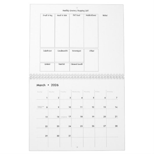 12 mois 2026 Calendrier Grocery Shopping Tracker (Mar 2026)