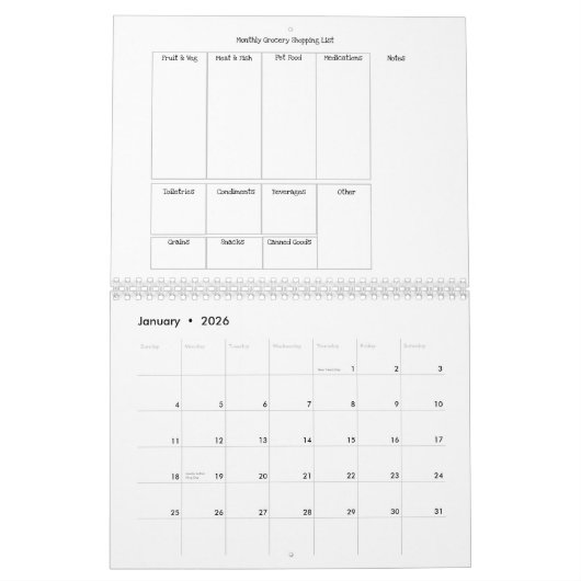 12 mois 2026 Calendrier Grocery Shopping Tracker (Jan 2026)