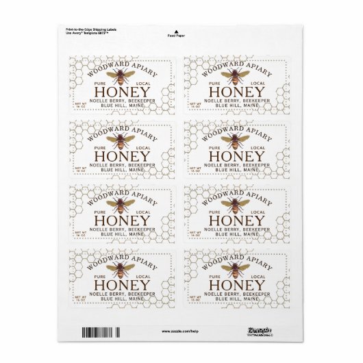 12 oz hexagon Honey Label with honeybee (Full Sheet)